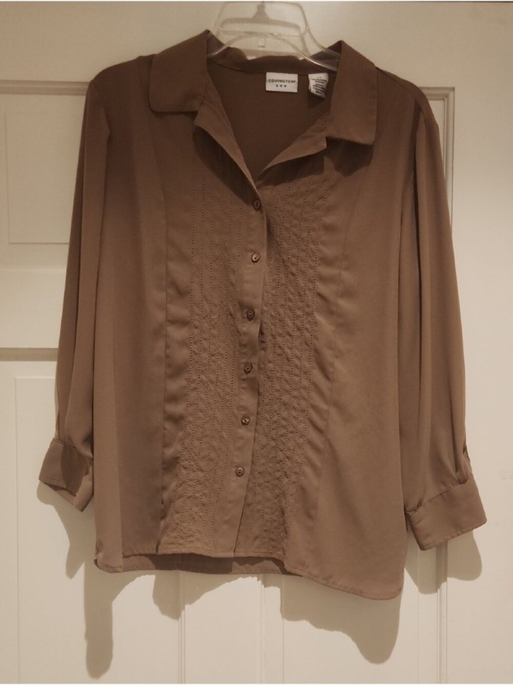 Covington Taupe Button-Front Blouse with Pintuck Detail Timeless Fashion